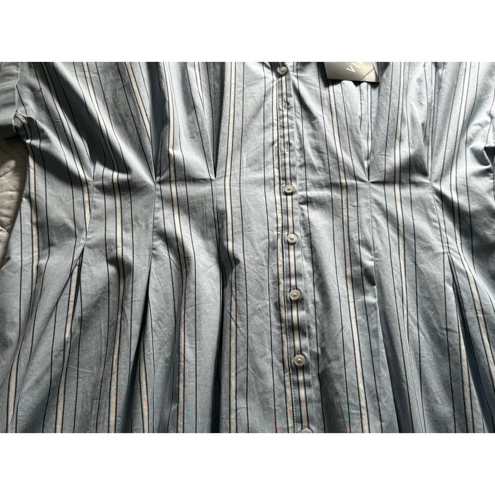 Blue Pinstriped pattern Shirt Dress Side pockets stand up collar V-neck Pleated - Picture 7 of 12